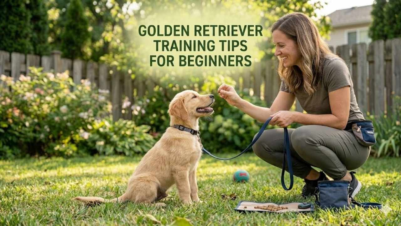 Golden Retriever training tips for beginners showing puppy obedience training, leash training, and positive reinforcement