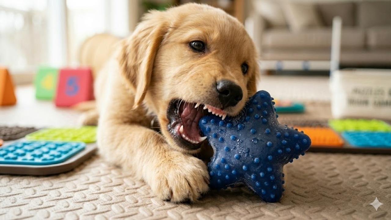 Best toys for Golden Retriever puppies during teething including rubber chew toys and dental toys