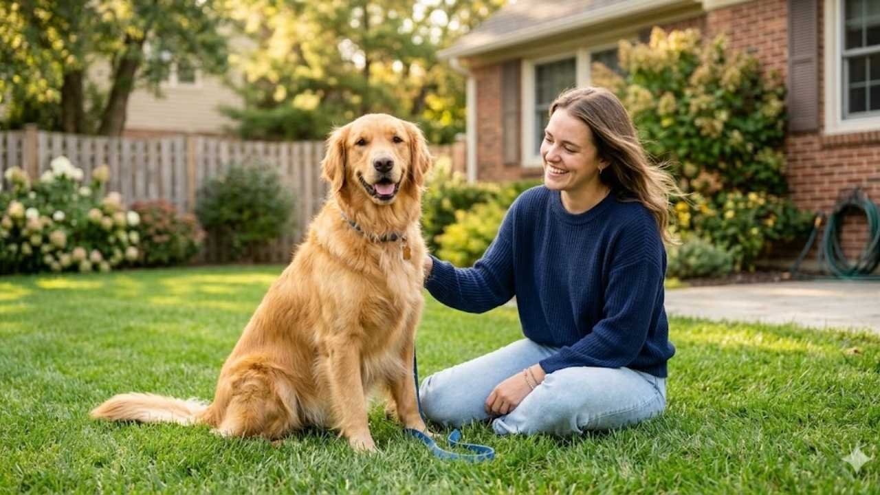 Golden Retriever sitting with a first-time dog owner in a backyard.