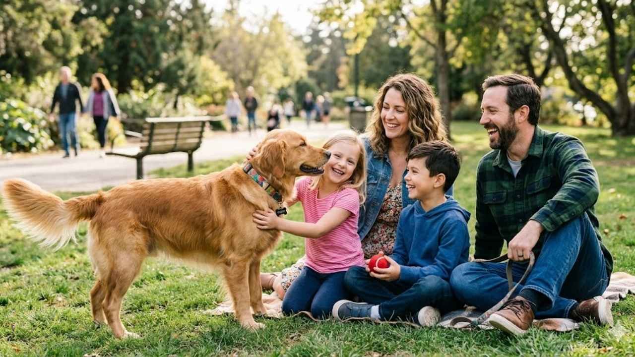 Golden Retriever interacting happily with family members at a park.