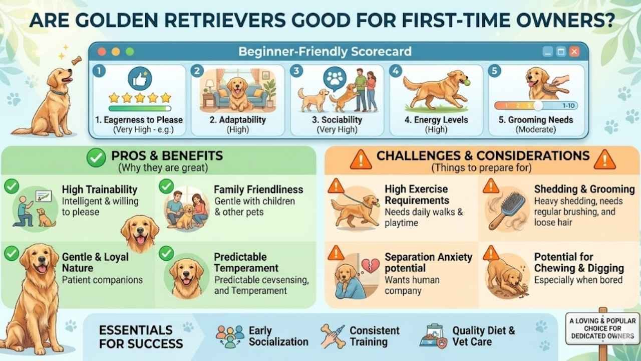 Infographic explaining whether Golden Retrievers are good for first-time owners.