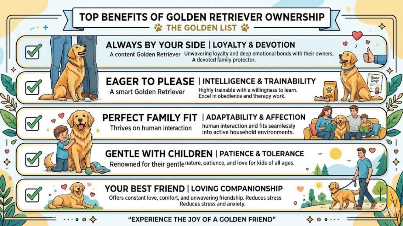 Checklist showing the advantages of owning a Golden Retriever.