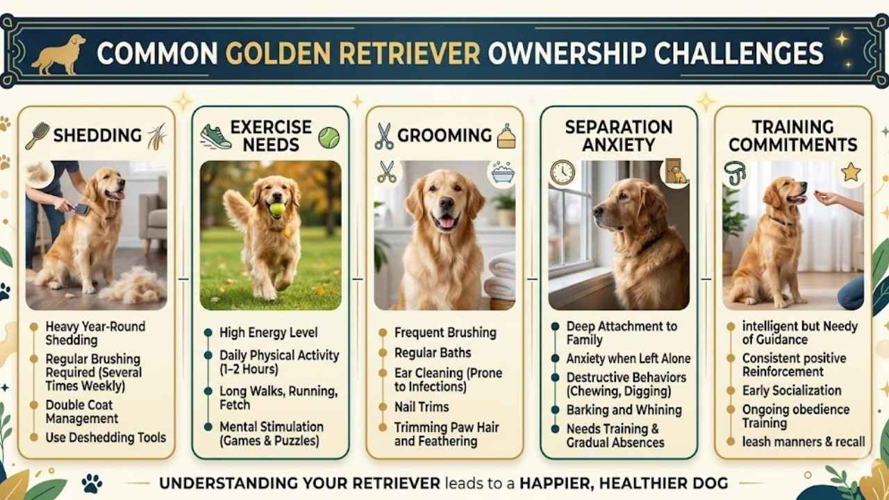 Infographic showing common challenges of owning a Golden Retriever.
