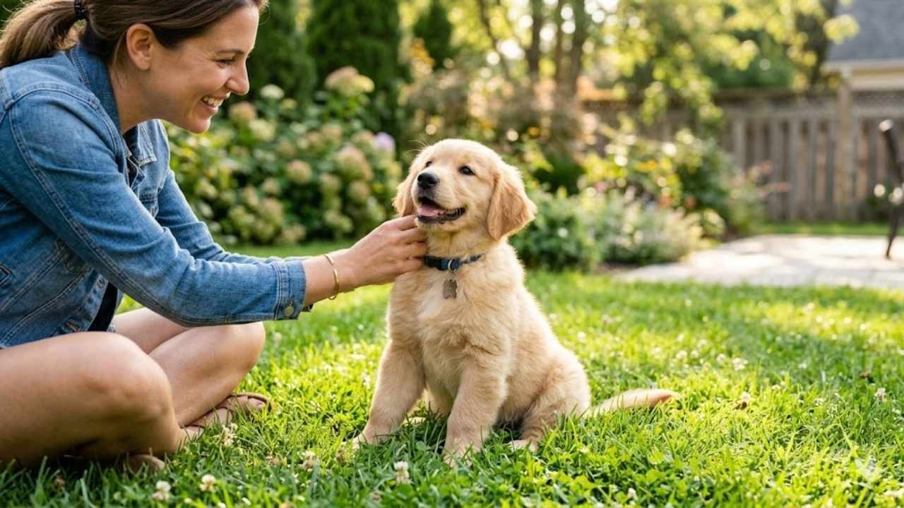 Golden Retriever puppy receiving proper care and training outdoors