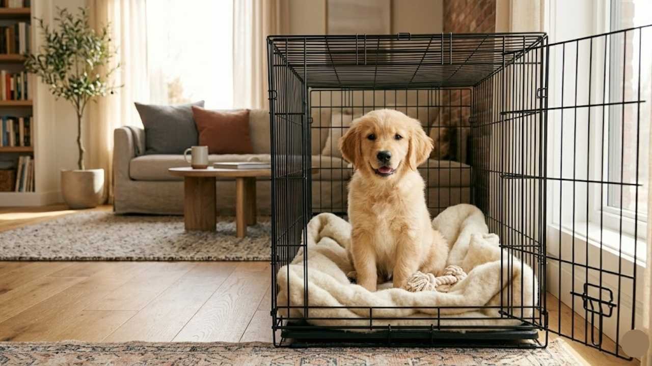 Golden Retriever puppy sitting calmly inside a wire crate during crate training at home