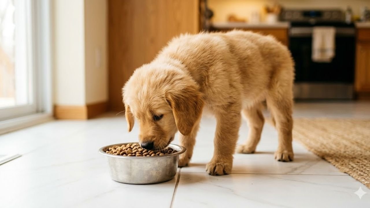 Golden Retriever puppy eating large breed puppy food from a bowl, 8 weeks old