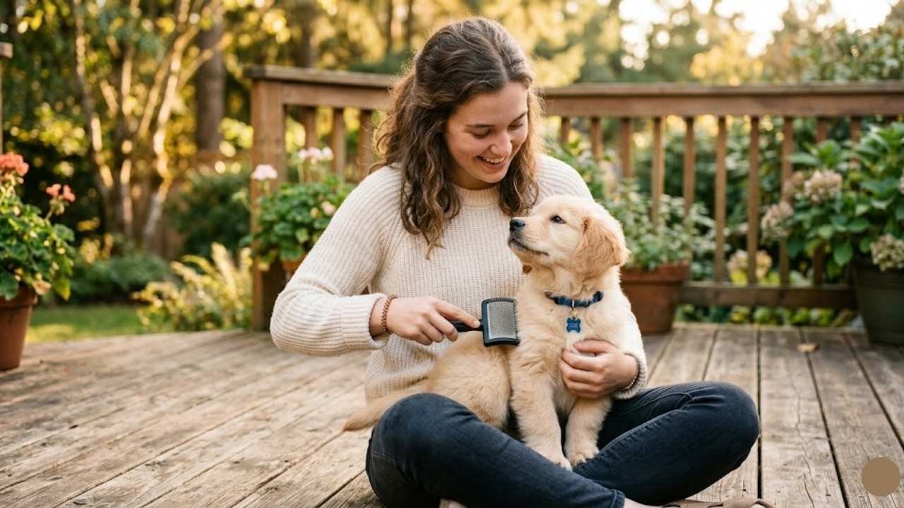 Owner brushing golden retriever puppy coat with slicker brush during weekly grooming routine