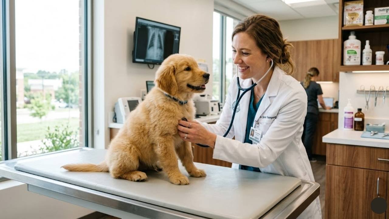 Veterinarian examining golden retriever puppy during first vet visit for vaccination schedule