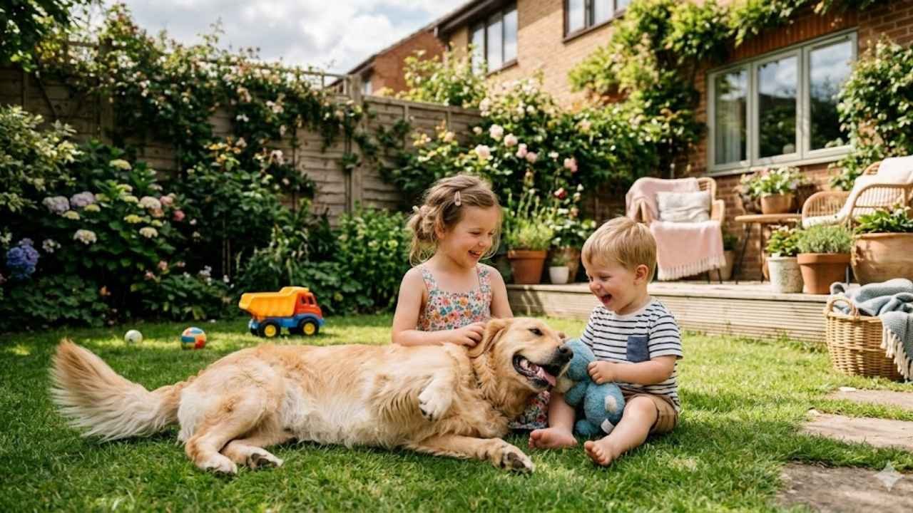 Golden Retriever playing safely with children in a backyard.